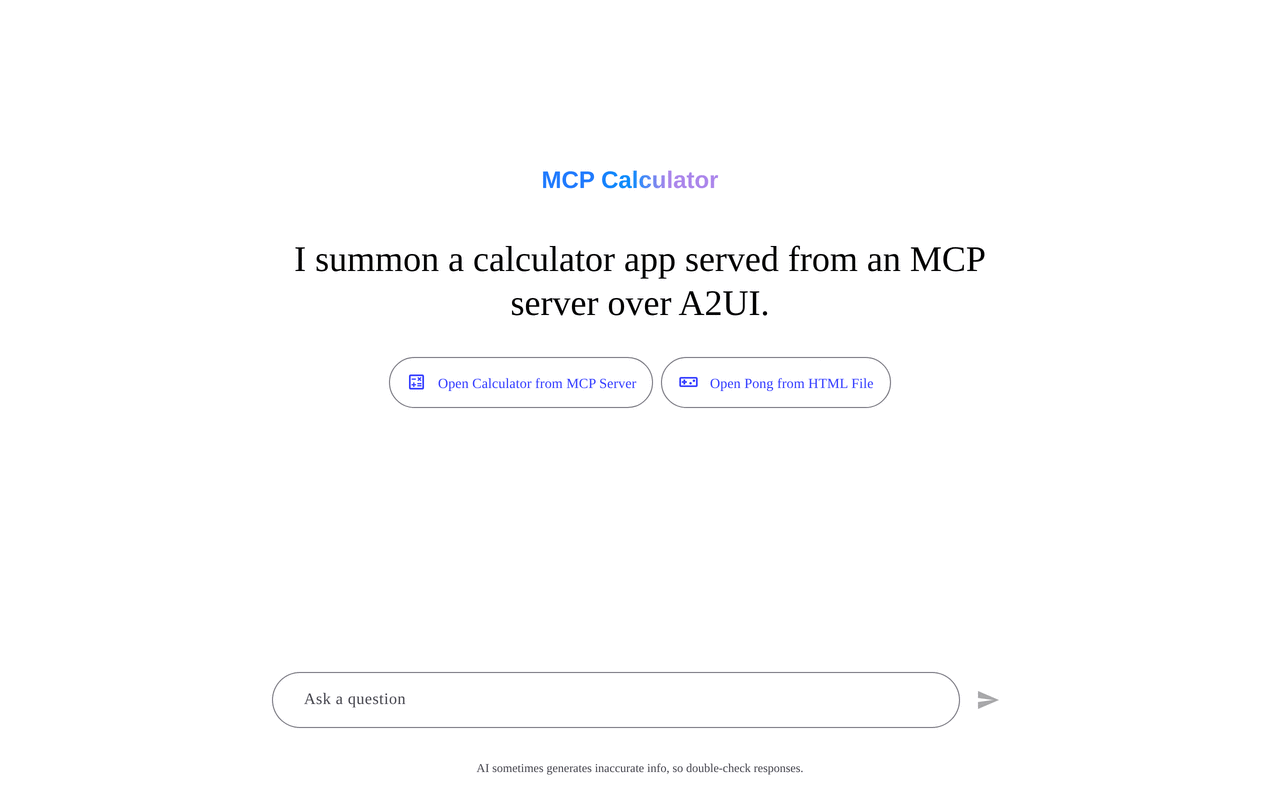 MCP Calculator デモ — アプリを読み込み、計算機を開き、エージェントとチャットする様子